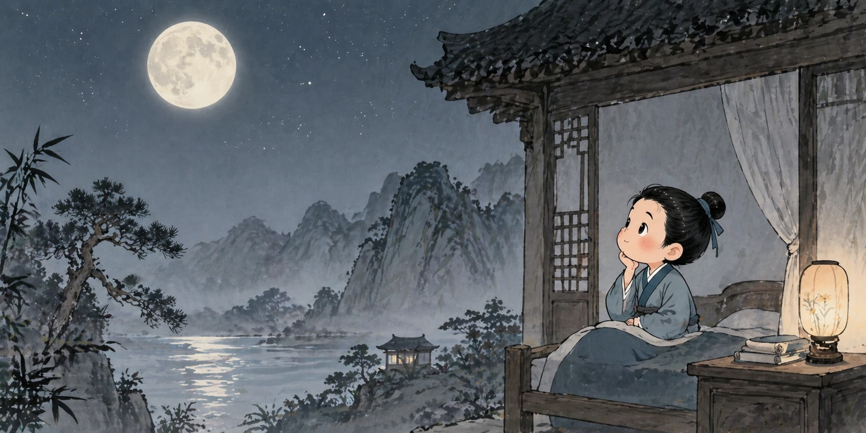 静夜思 — Quiet Night Thoughts illustration