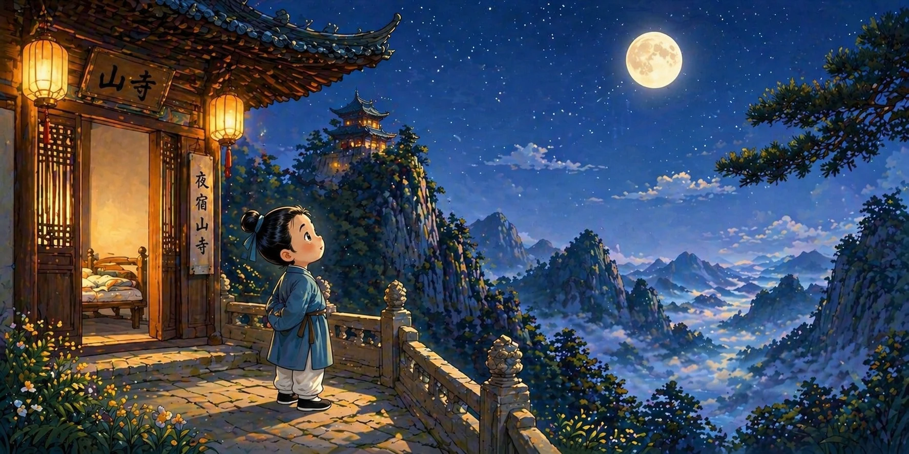 夜宿山寺 — A Night at the Mountain Temple illustration