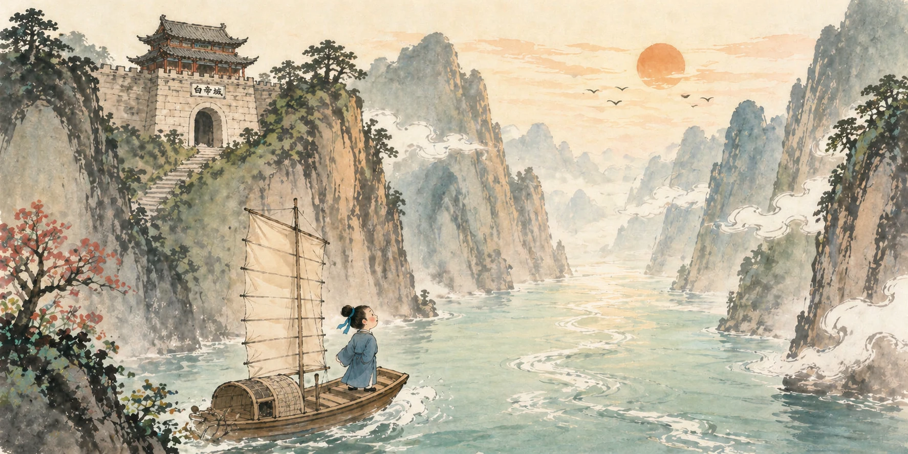 早发白帝城 — Leaving White Emperor City at Dawn illustration